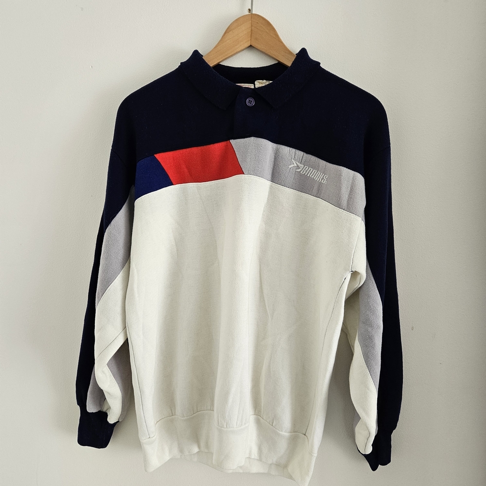 Vintage Brooks Colorblock Knit Polo Sweatshirt 80s Retro Mens Large